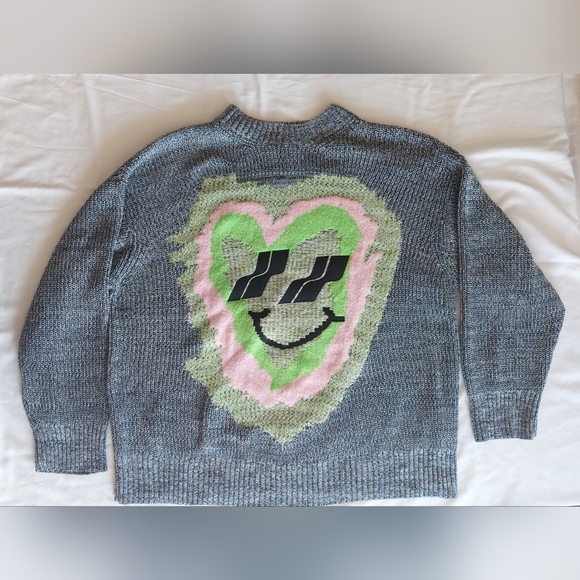 Heavy Knit Oversized Wool Blend Fuzzy Smiley Face Crew Sweater Unisex Size S - Picture 15 of 15